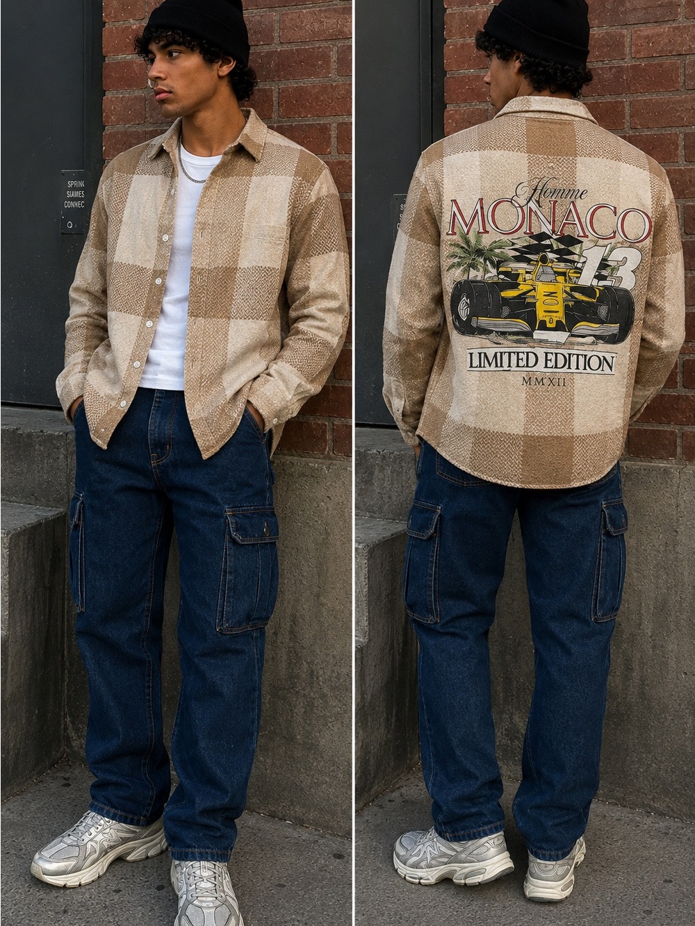 boohooMAN Small Monaco 13 Racing Graphic Back Plaid Shirt Y2K Streetwear